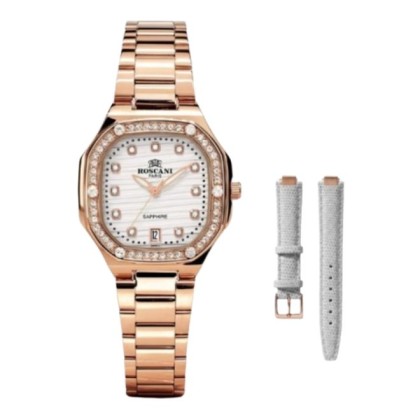 Roscani ROSWE614G5 White Dial 30X30MM Rose Gold Stainless Steel Strap + Free Leather Strap Analog Women Watch